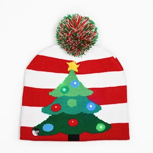 Winter Acrylic Pompom Deer Christmas Holiday Beanies With LED Lights