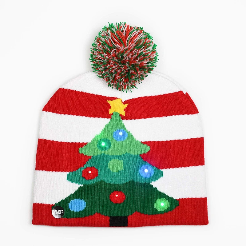 Winter Acrylic Pompom Deer Christmas Holiday Beanies With LED Lights
