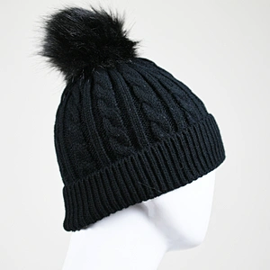Kid's acrylic cable knitted w fake fur pompom beanie hat