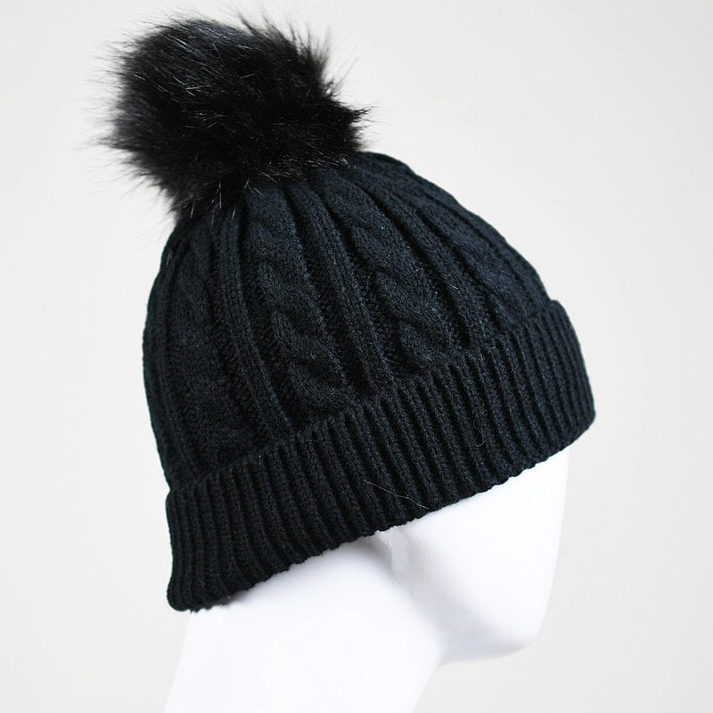 Kid's acrylic cable knitted w fake fur pompom beanie hat