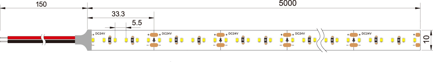 2216 180灯/米 LED灯带的尺寸图
