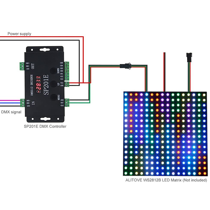 conexión de SP201E DMX al controlador SPI y luz led
