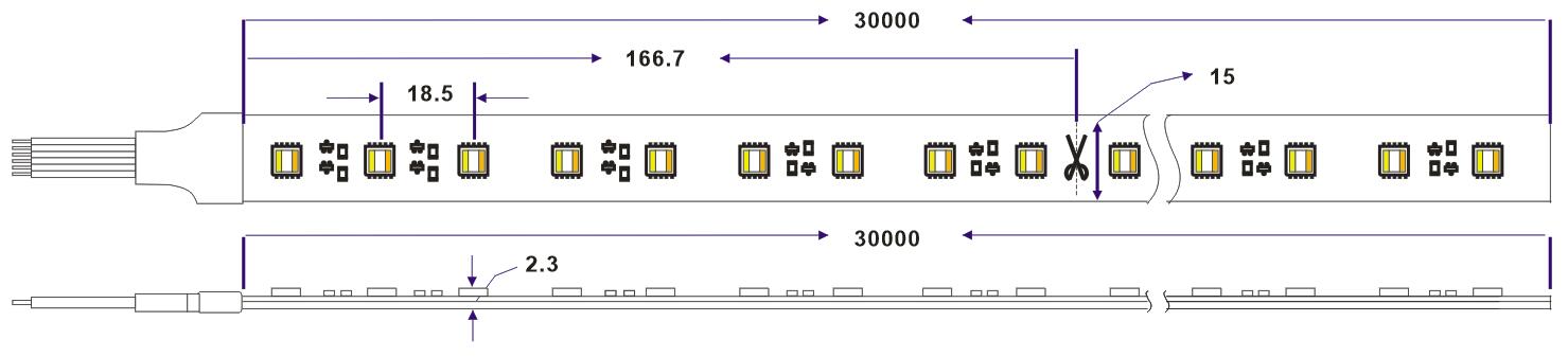 dimension of 30m/roll 5050 rgb cct ultra length led strip