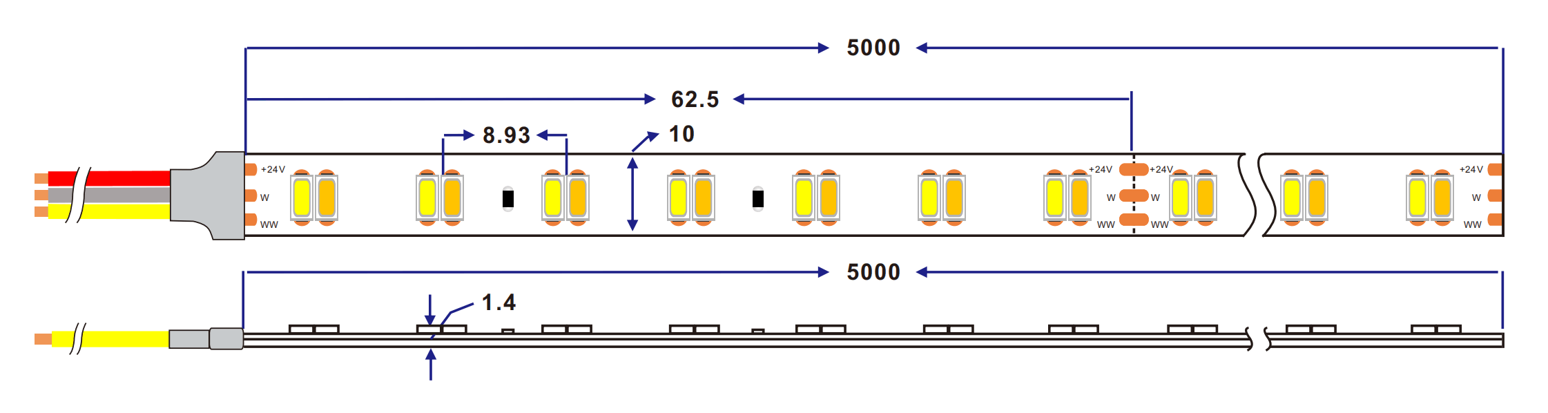 dimension of 5630 112LED/M CCT adjustable led strip light