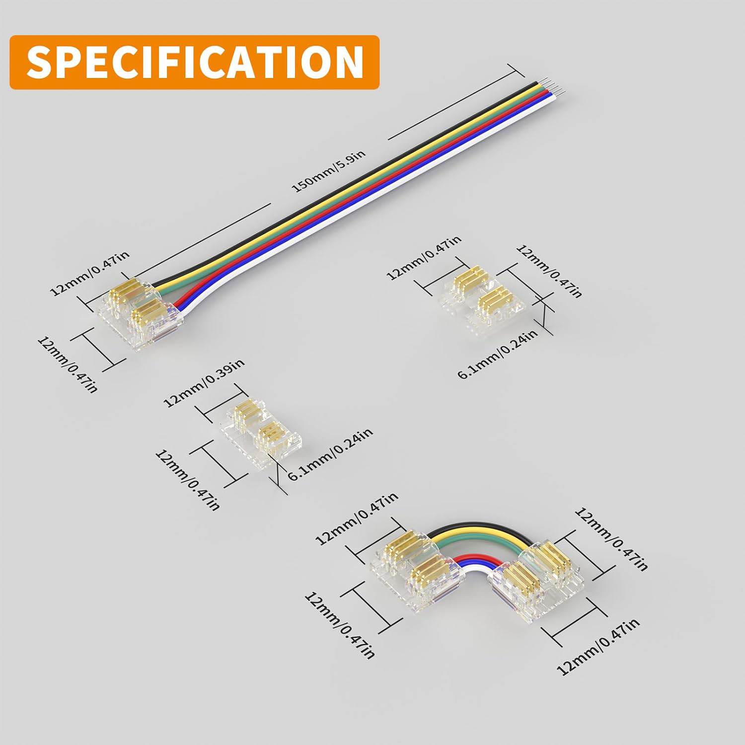 Dimension of 6pin 12mm RGB CCT COB LED Strip Connector