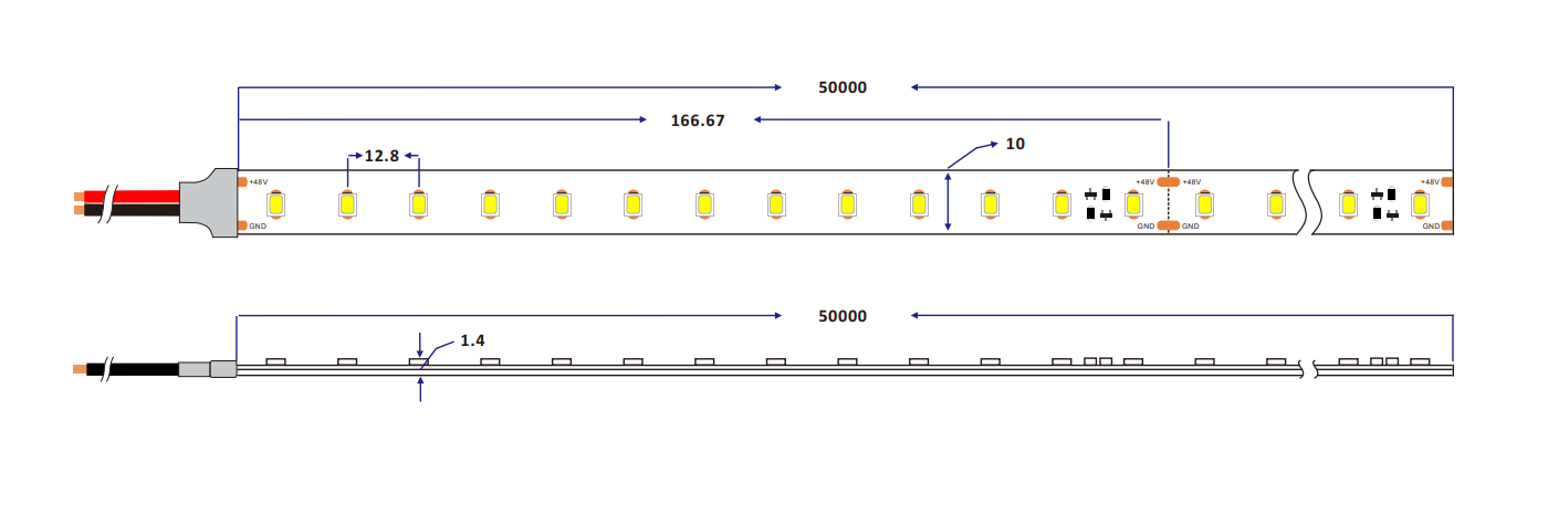 Dimension of 50m/roll 2835 78LED/M white ultra length led strip
