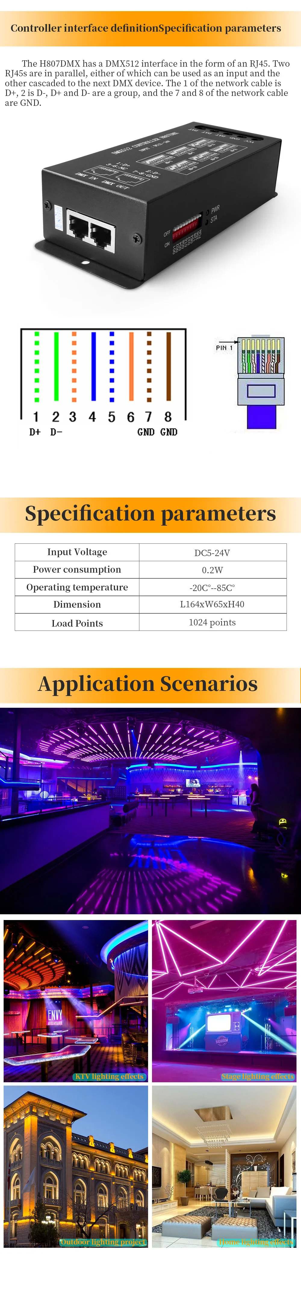 specification of DMX512 to SPI RGB H807DMX LED Controller for pixel led strip