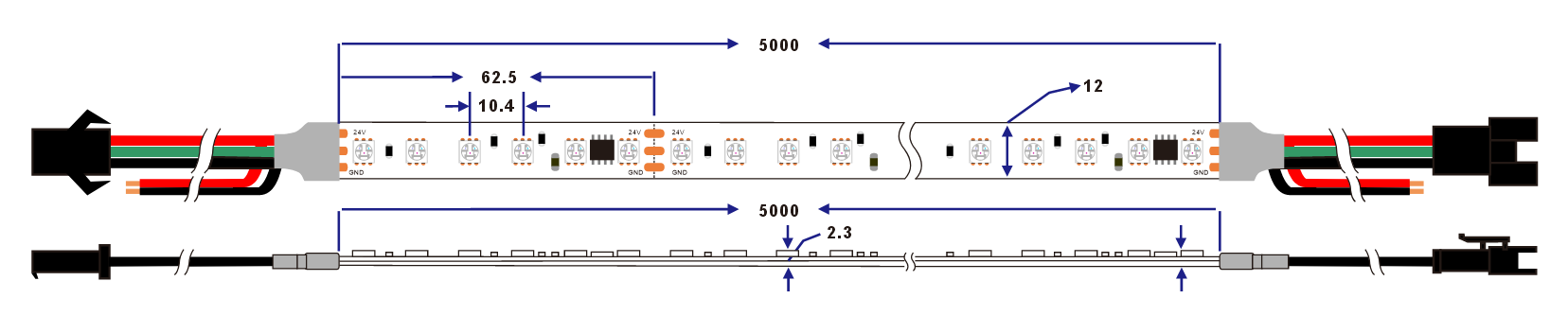 12V ws2811 pixel rgb led strip light dimension