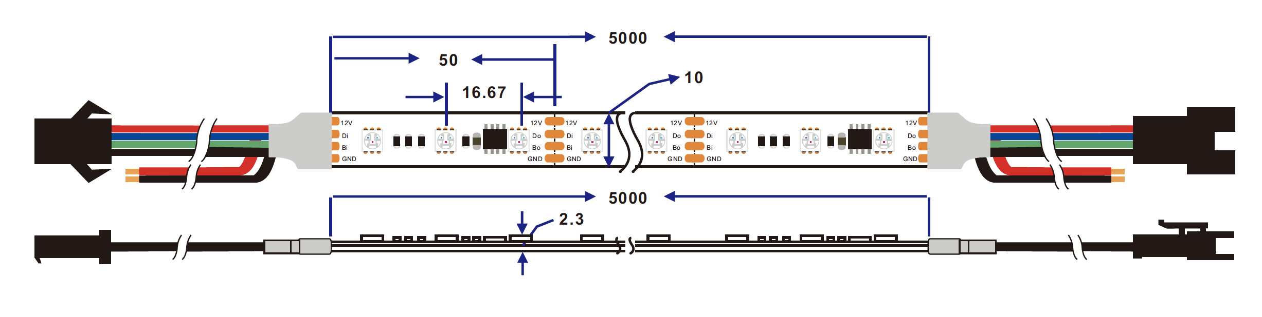 pixel addressable WS2818 led strip light dimension