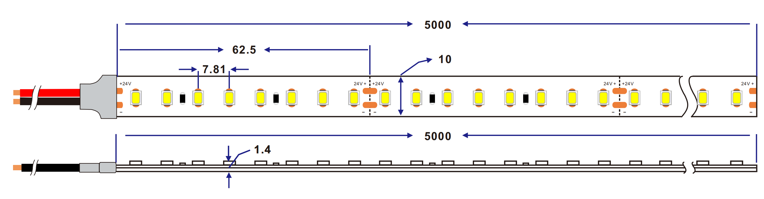 Dimension of 160lm/W 128led/m cv 2835 led strip