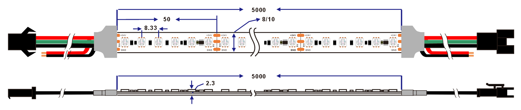 dimension of WS2811/SM16703/UCS1903 RGB 24V 120leds/m Led strip