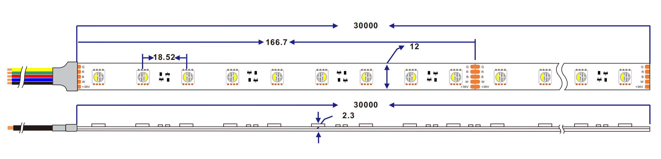 dimension of voltage 36v 30m roll 5050 rgbw super long led strip