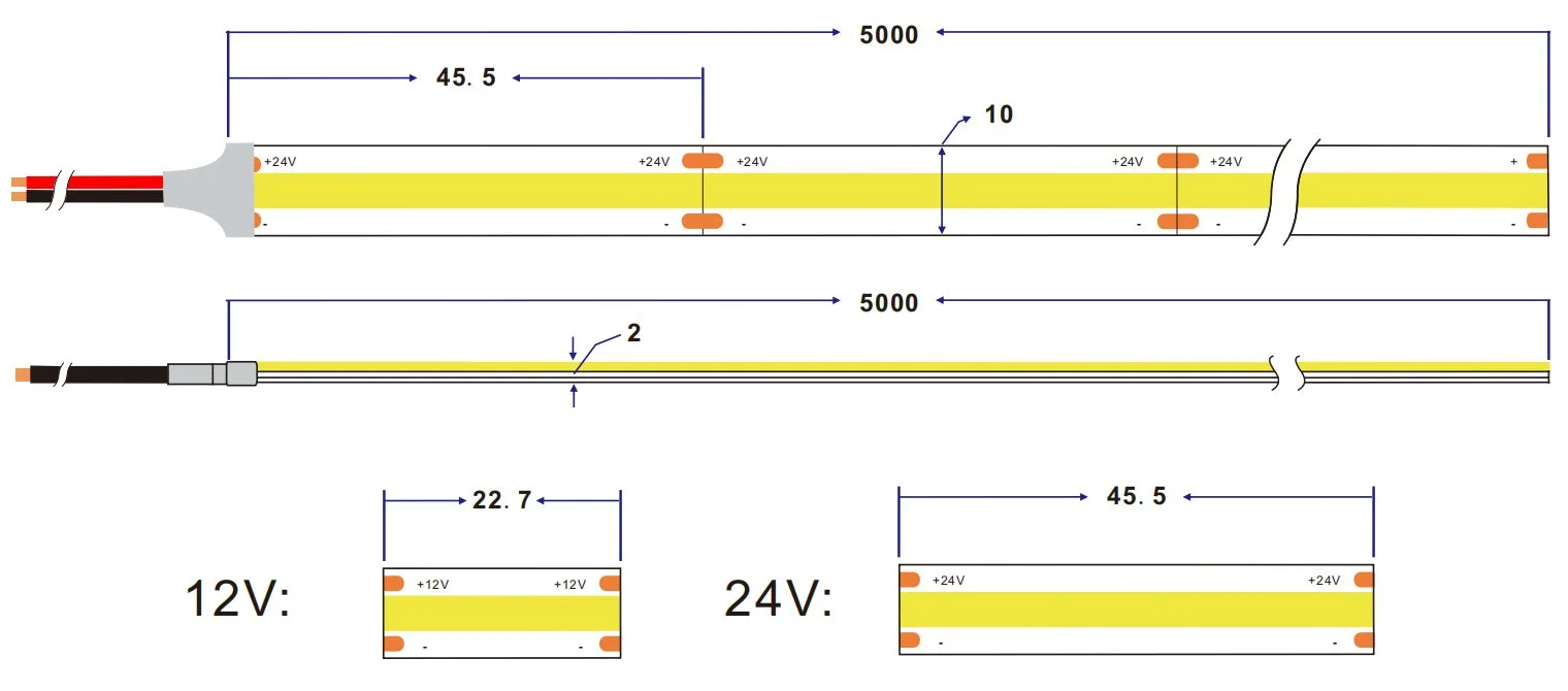 dimension of 10mm 528Chips/M White COB led strip