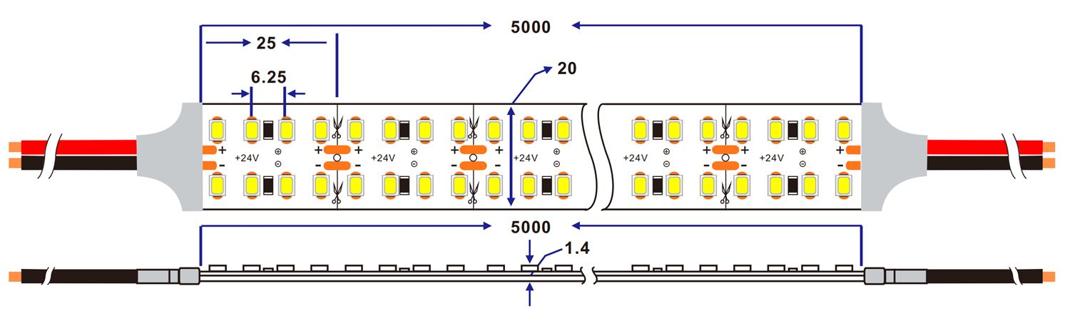 Dimension of 5940lm/m 180lm/W 320led/m cv 2835 led strip