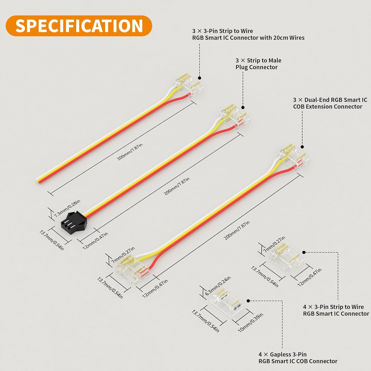 dimension of 3pin 12mm Pixel COB LED Strip Connector