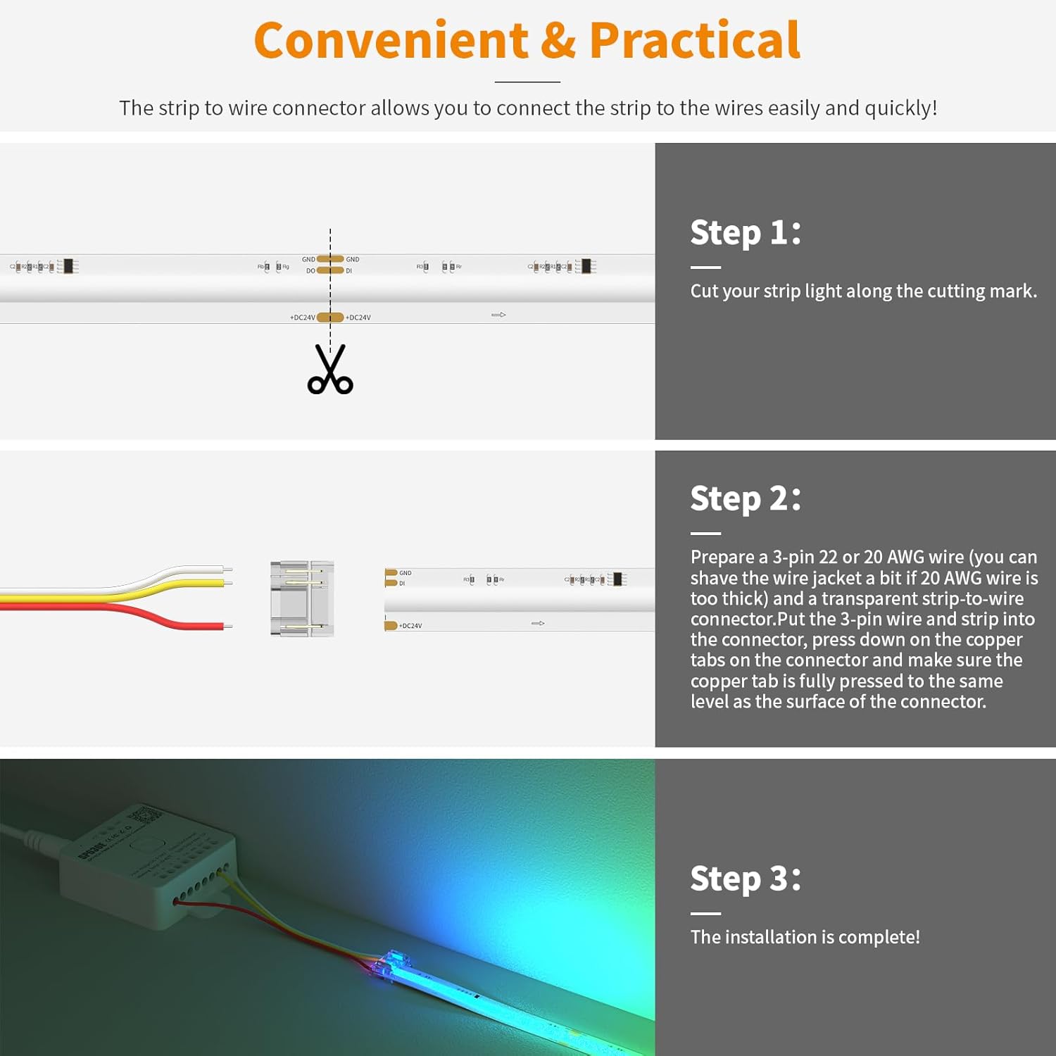 How to install 3pin 12mm Pixel COB LED Strip Connector