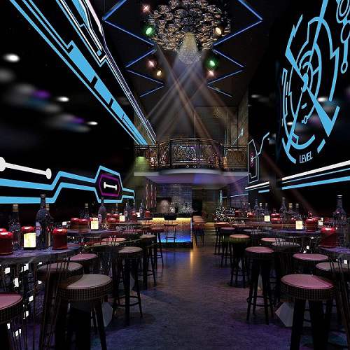 Nightclub interior with blue linear lighting across the walls and ceiling