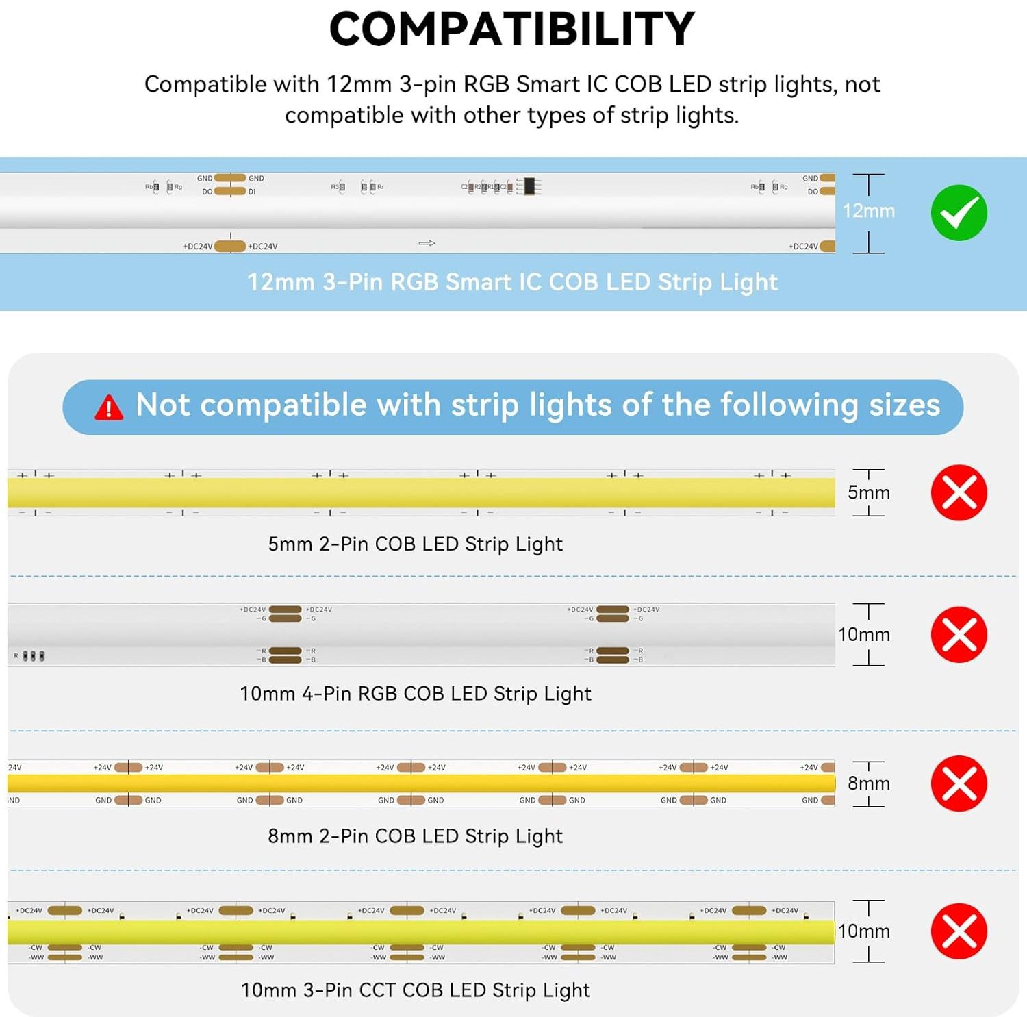 Compatibility of 3pin 12mm Pixel COB LED Strip Connector