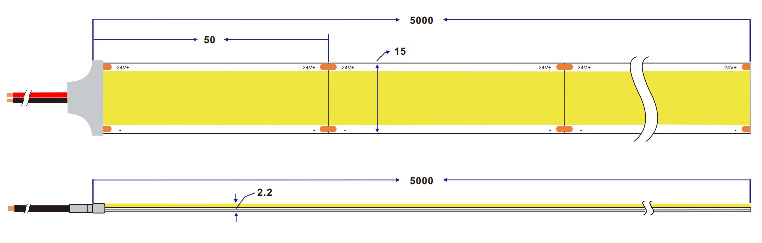 dimension of 15mm 960Chips/M White COB led strip