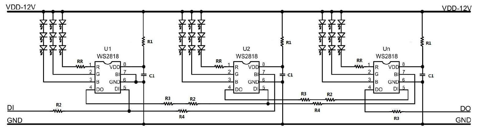 Typical Application Circuit of ws2818 IC on DC12V
