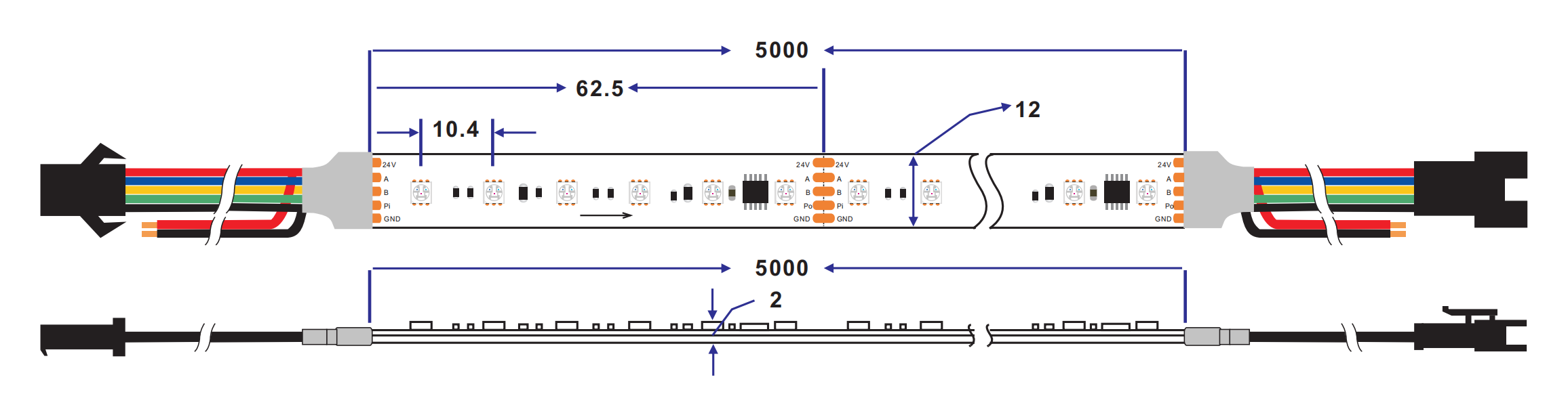 dimension of rgb dmx sm18512 led strip light