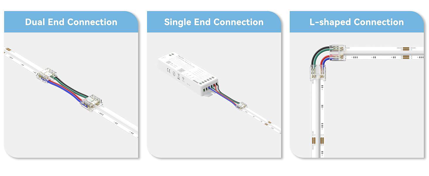 three connection diagrams of 4pin 10mm RGB COB LED Strip Connector