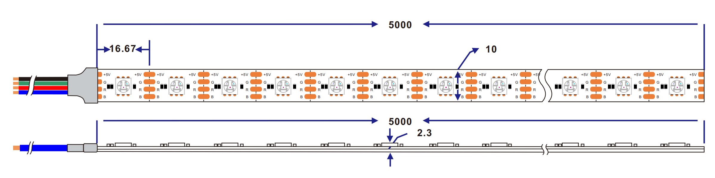 dimension of 5050 rgb free cut led strip light