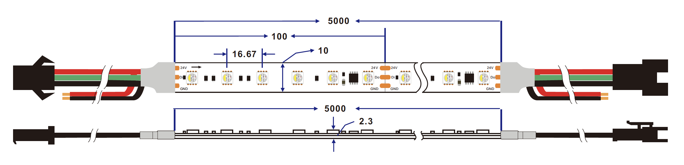 WS2814A/TM1814/SM16704 60灯/米 24V RGB Led灯带尺寸图