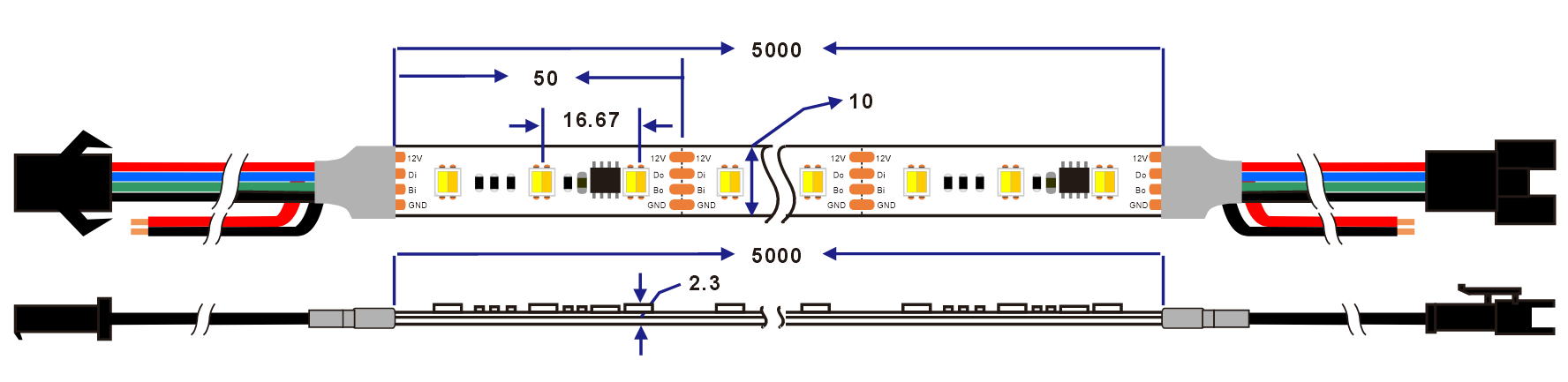 pixel addressable WS2818 led strip light dimension
