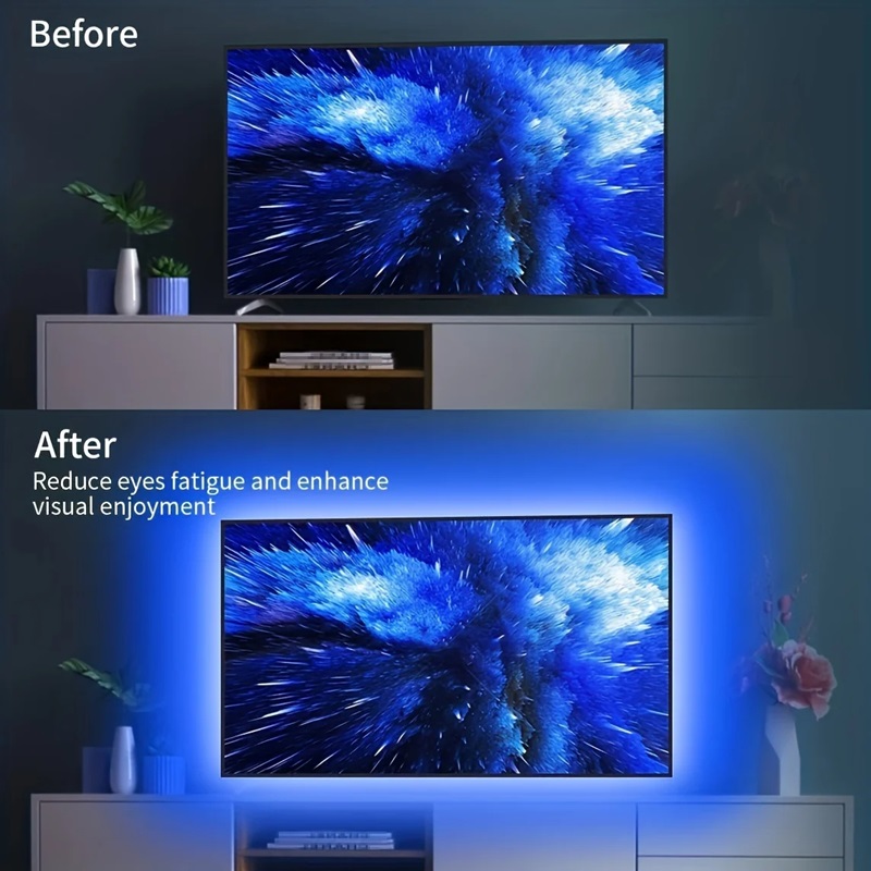 blue led strip light on the back of tv