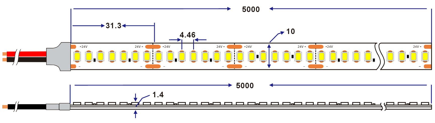 Dimension of 145lm/W 224led/m 2835 led strip