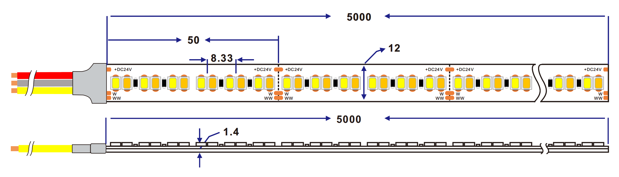 2835 240LED/M CCT 可调 LED 灯带尺寸