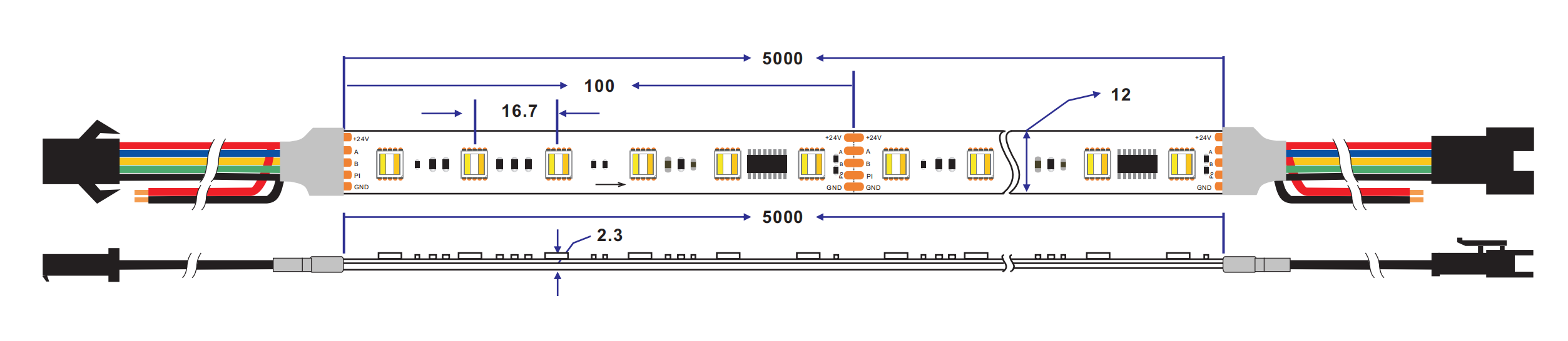 dimension of ucs512g6 rgbww dmx led strip light