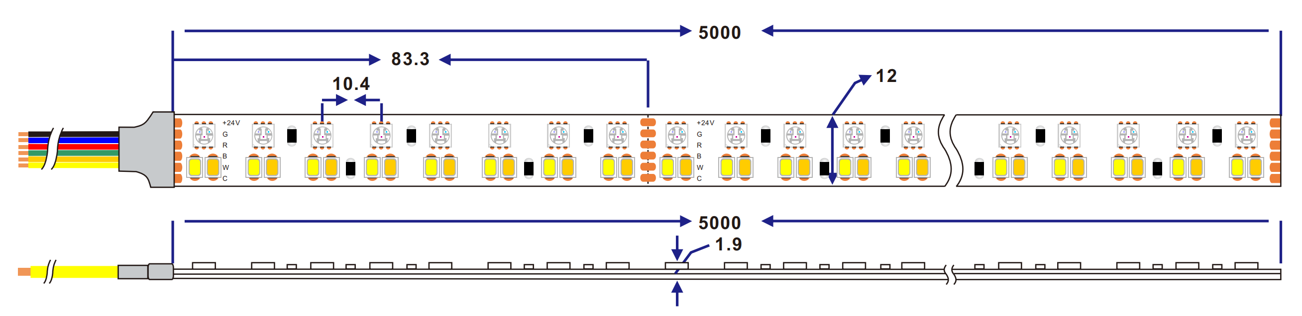 dimension of 3838 2835 RGB CCT 288LED/M led strip