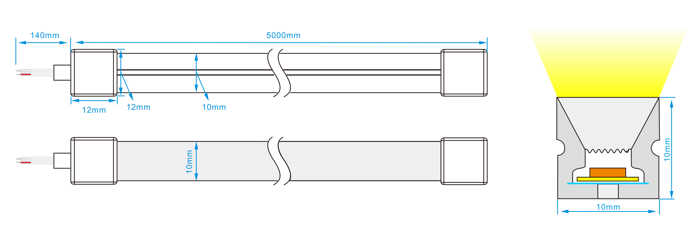 Dimensión de la luz de neón LED 1010 con curva superior