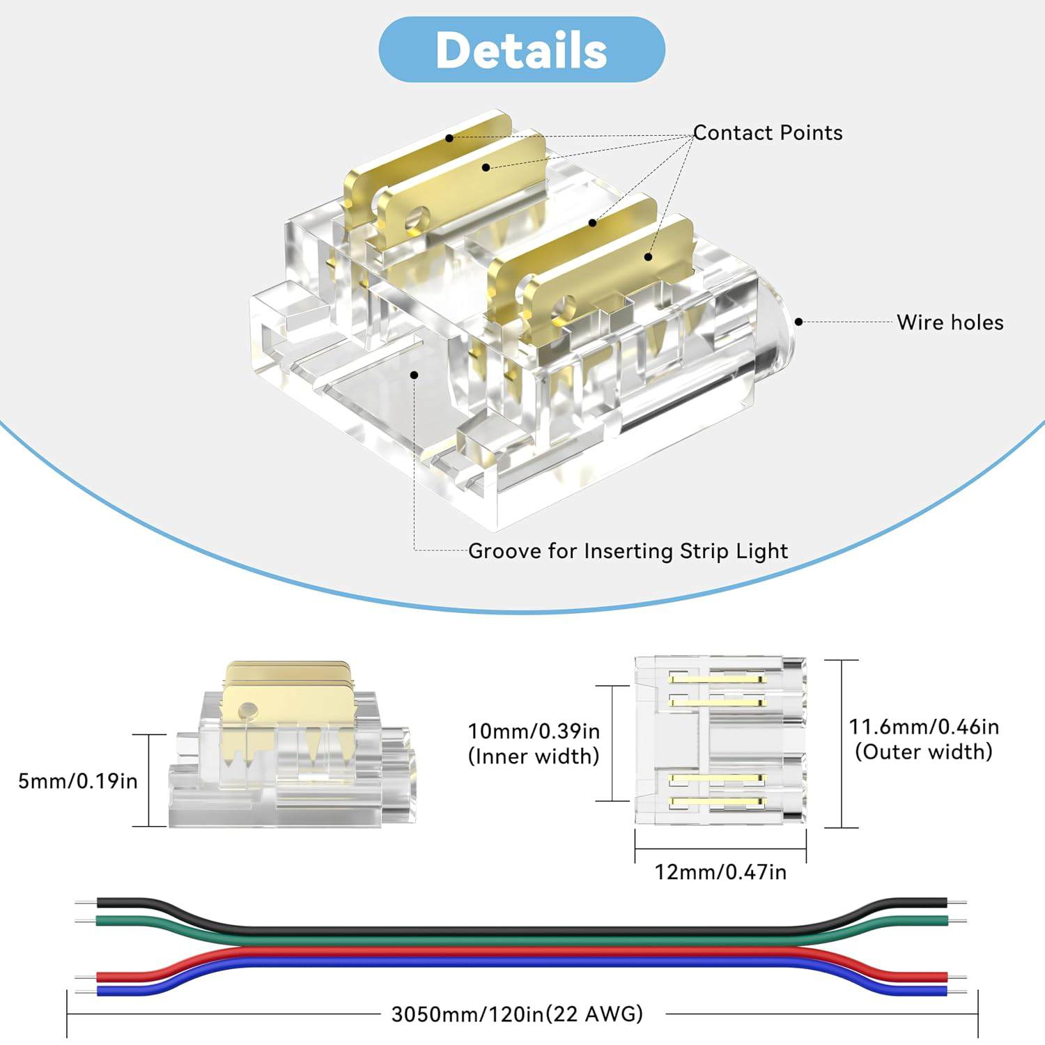 dimension of 4pin 10mm RGB COB LED Strip Connector