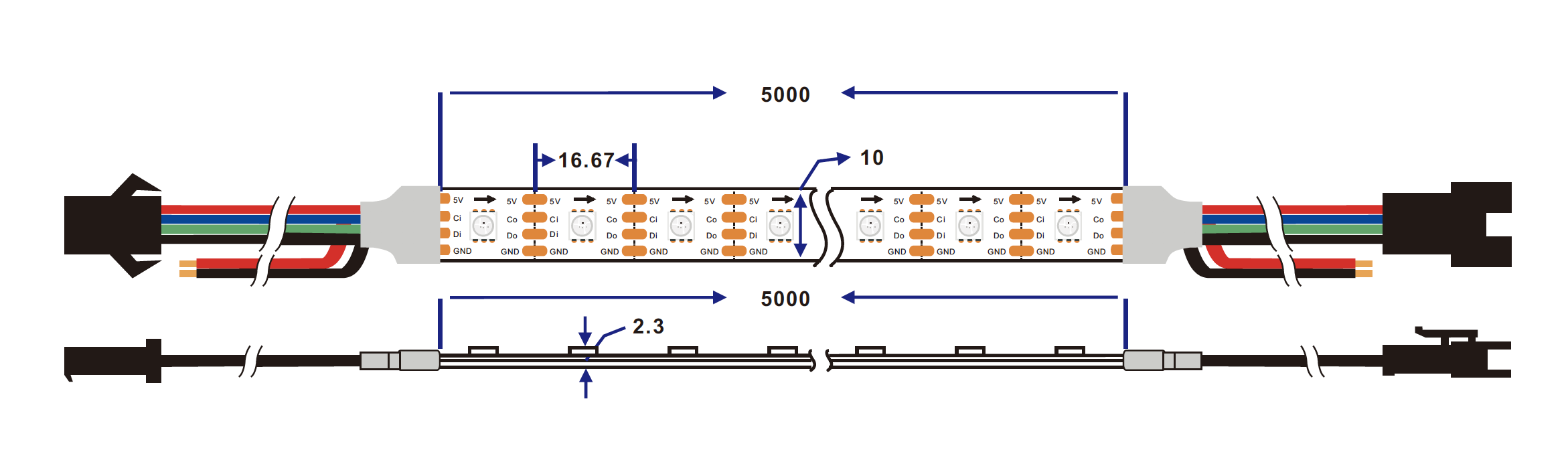 dimension of SK9822 / APA102 / D107S 60led/M RGB Led Strip
