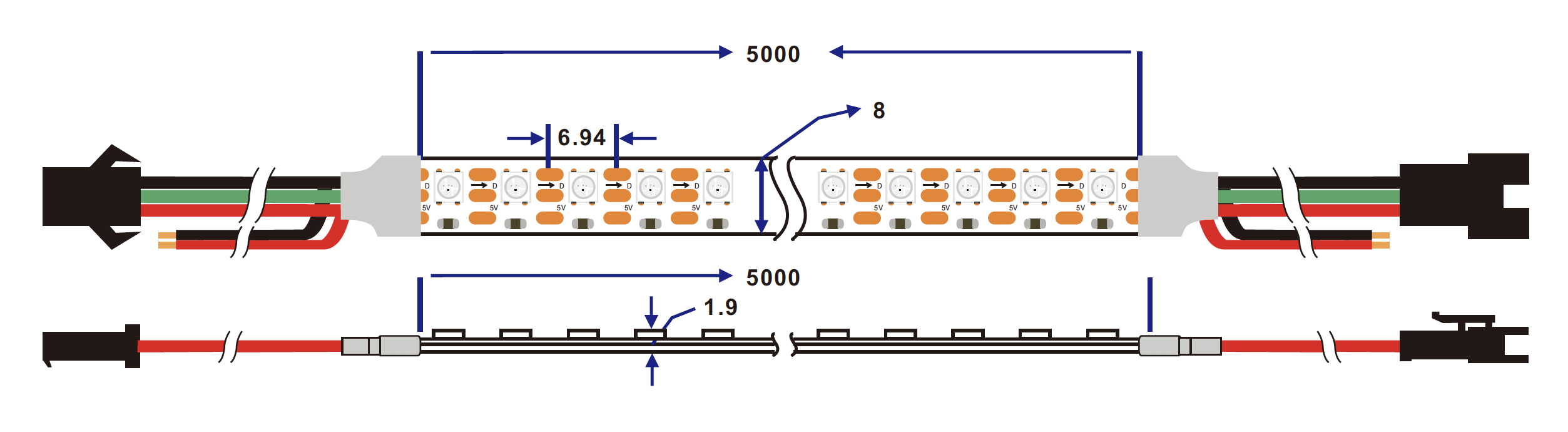 mini addressable led strip light dimension