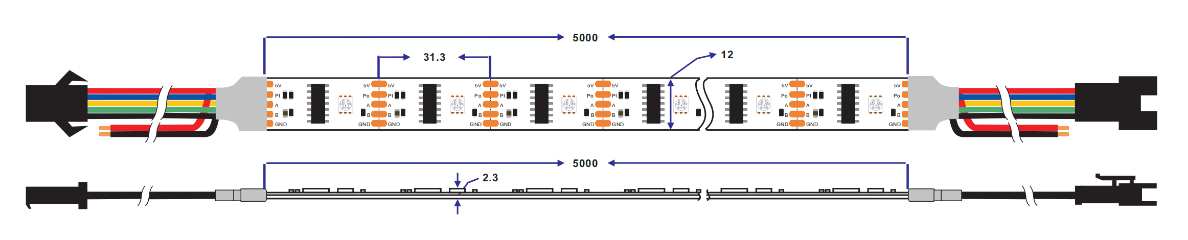 dimension of ucs512c4 dmx pixel led strip
