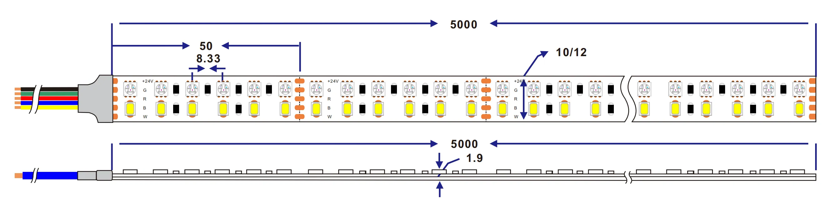 Dimensión de 3838 2835 rgbw 240LED/M tira de led