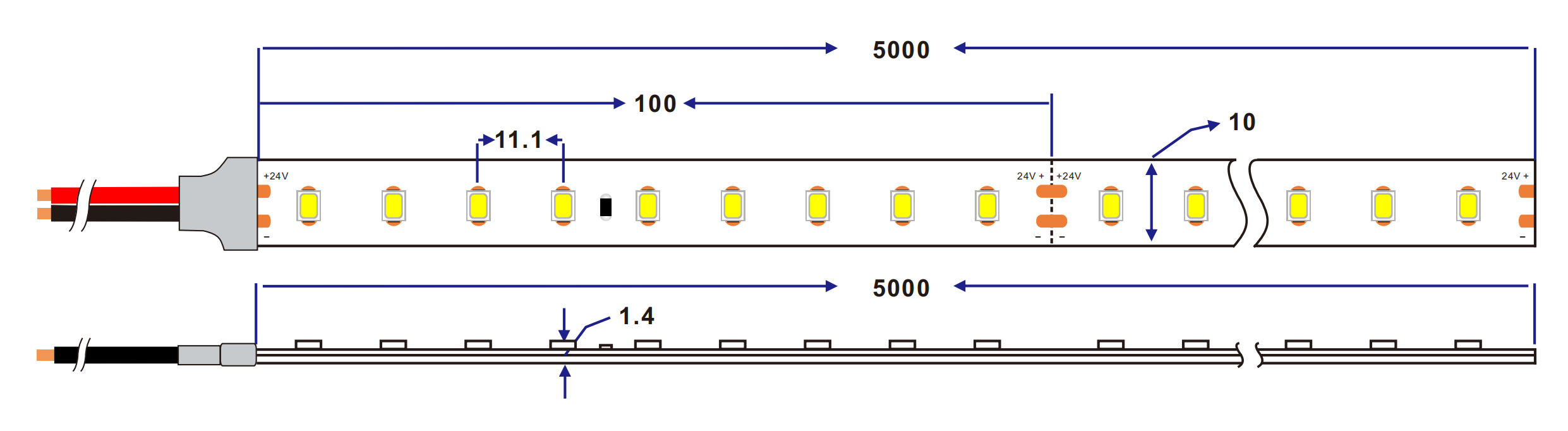 dimension of 210lm/W 90led/m cv 2835 led strip