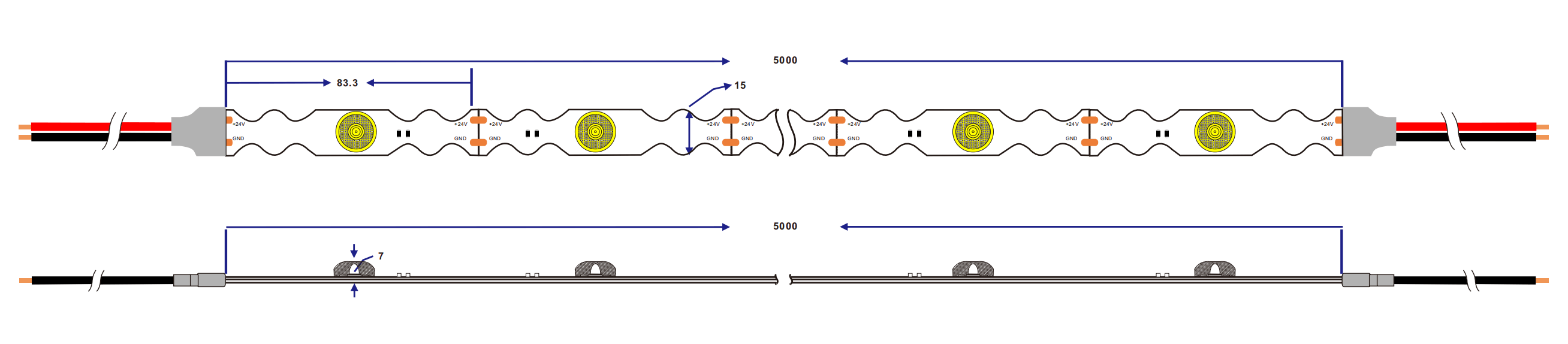 dimension of White 180 degree S shape flex LED strip