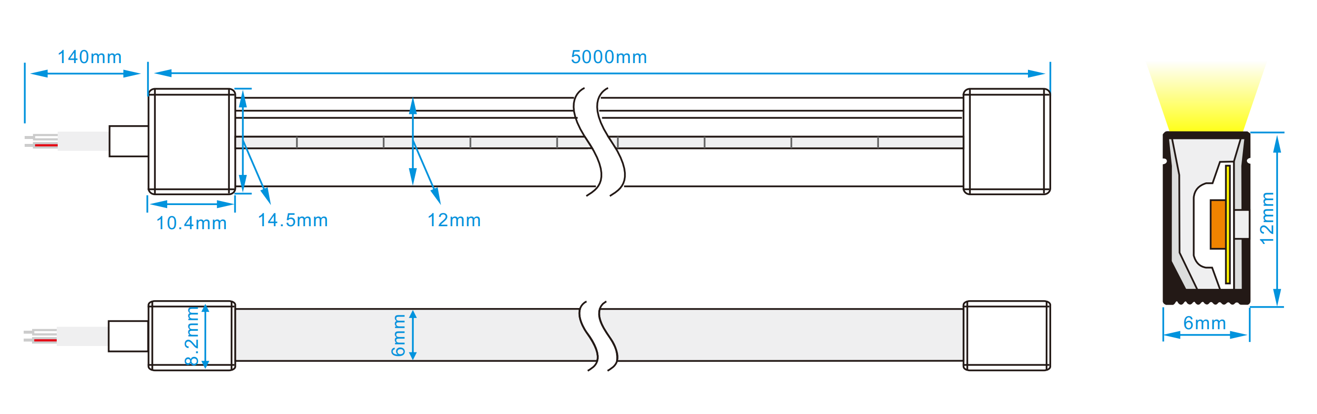 Dimensión de la luz de neón LED 0612 con curva superior negra