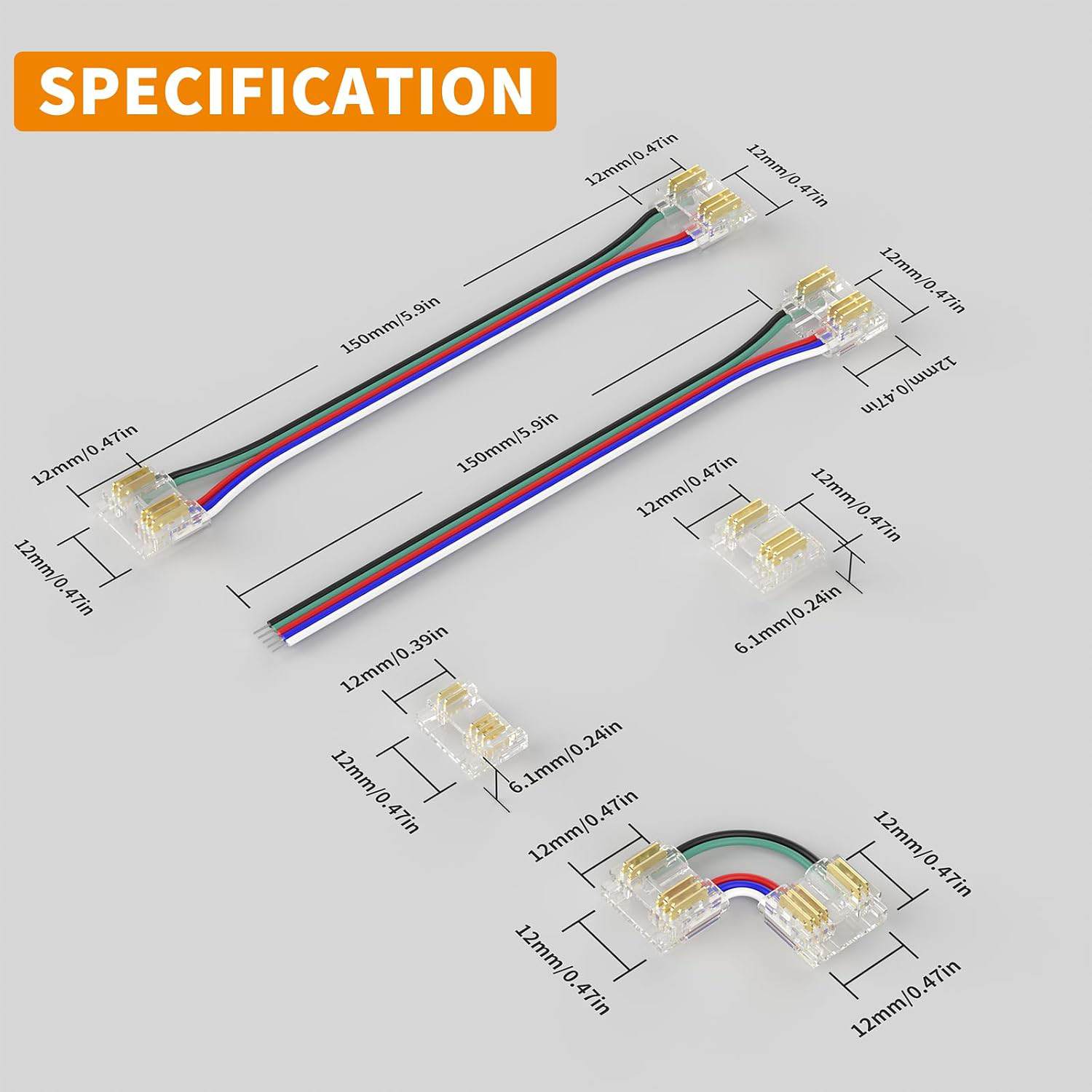 Dimension of 5pin 12mm RGBW COB LED Strip Connector