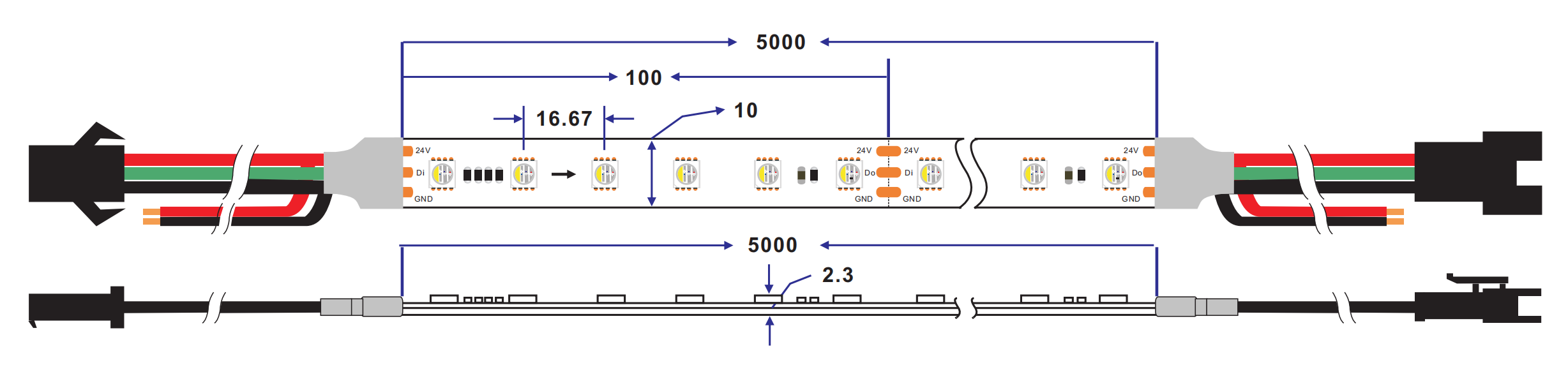 dimension of addressable sk6812 rgbw led strip light