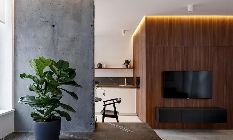 The combination of light strips and wood grains on tv background wall