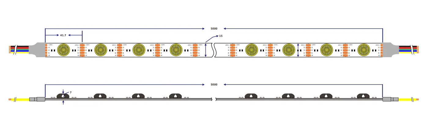 Dimensión de la tira de luces LED flexible RGBW de 180 grados