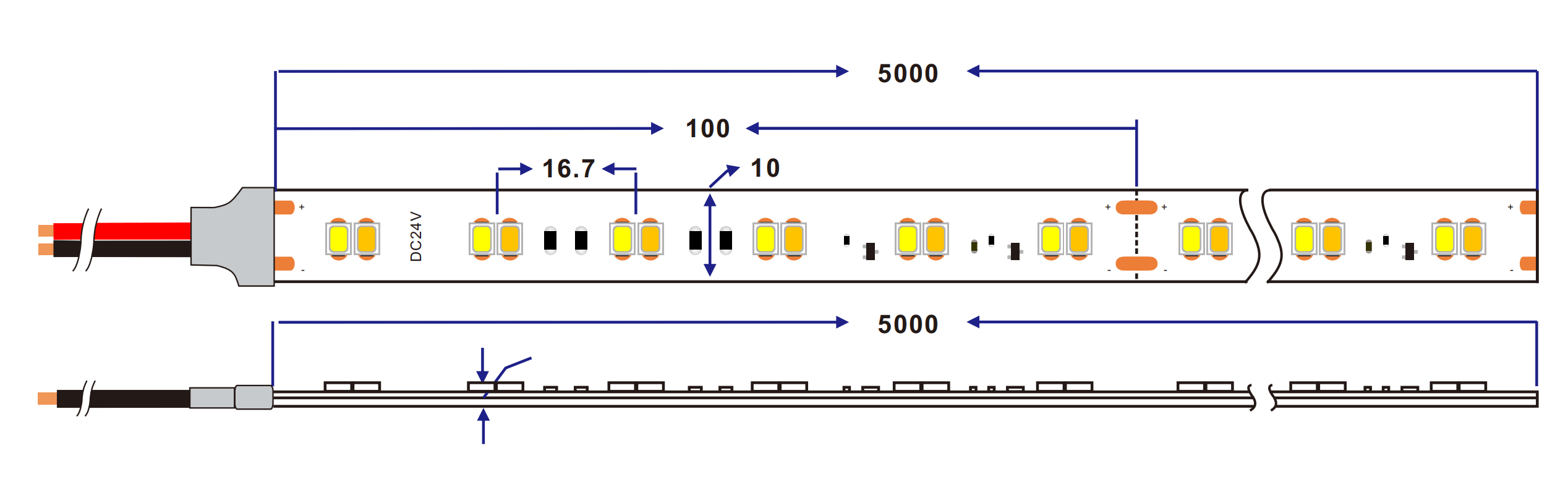 dimension of 2835 dim to warm led strip light