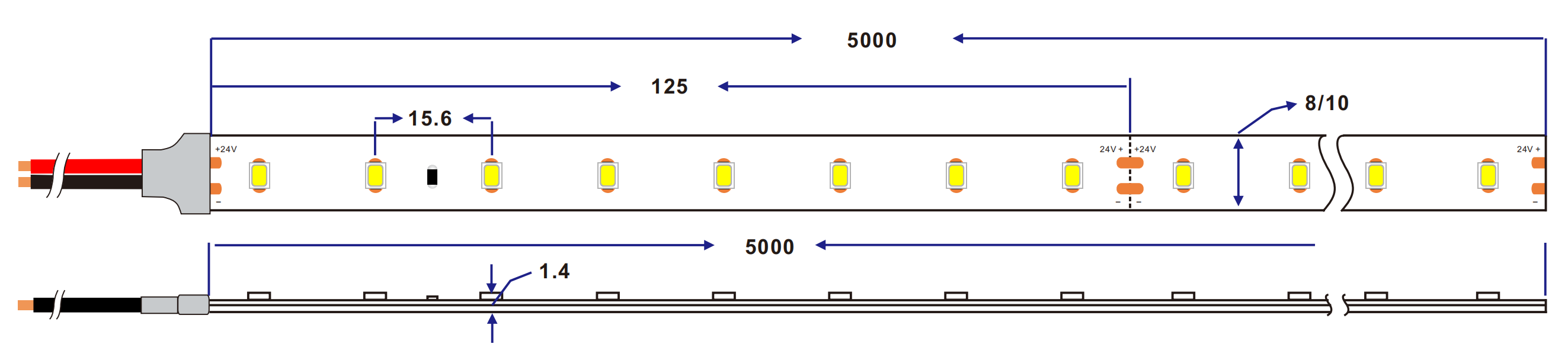 Dimensión de latira led 1440lm/M 180lm/W 64led/m cv 2835