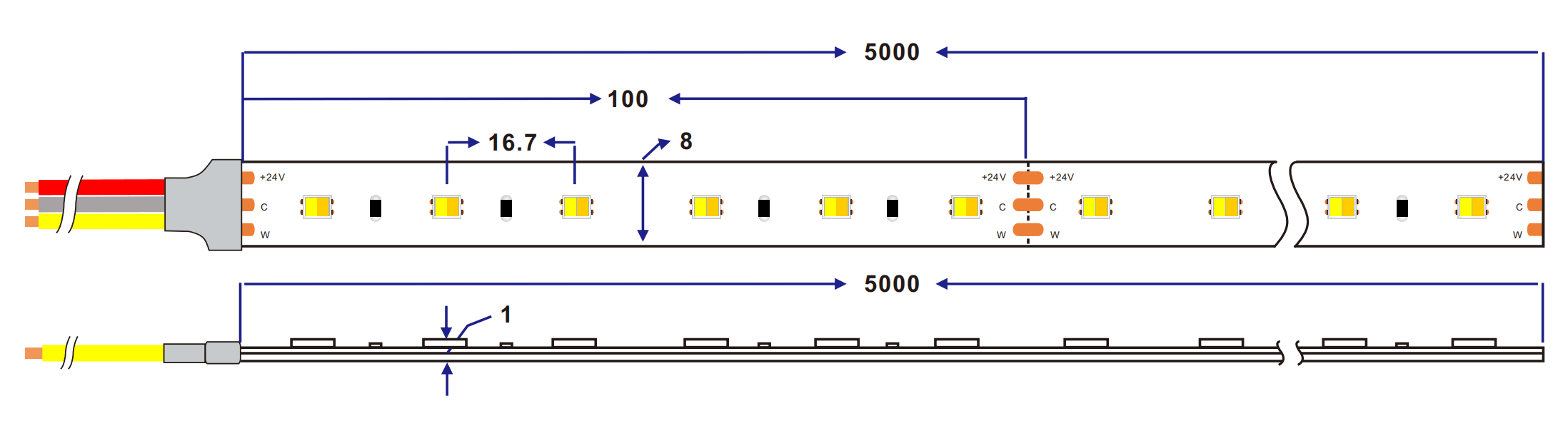 dimension of 2835 2in1 CCT adjustable led strip